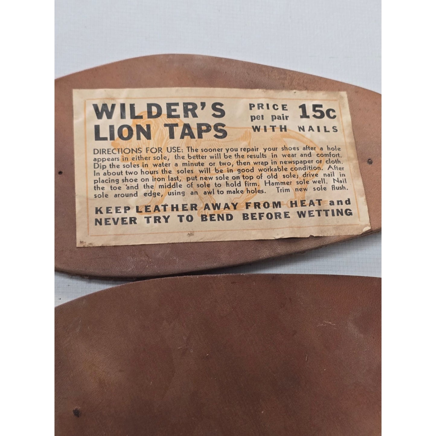 Vintage 1920s Leather Shoe Sole Repair Kit Wilder’s Lion Taps Original Label