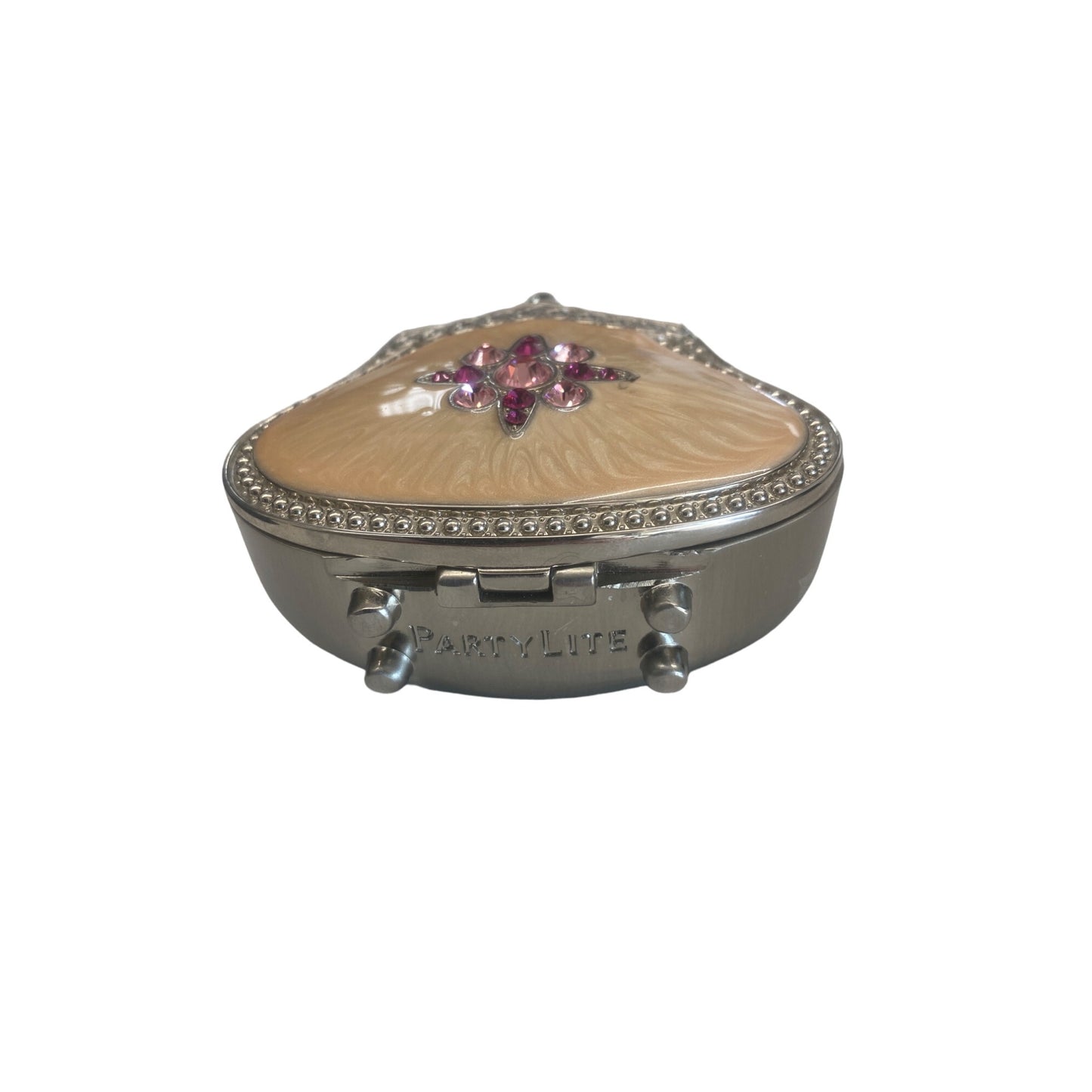 Partylite Silver Compact Candle Holder With Mirror & Pink Gem Design