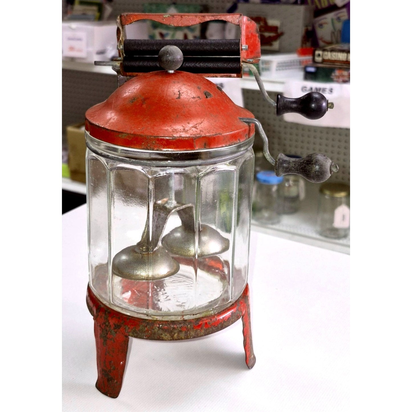 Wolverine Red Metal Toy Washing Machine – 1930s–50s – Glass Jar