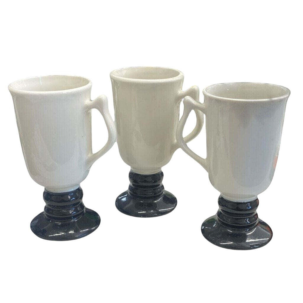 Vintage Hall USA 1273 Footed White Stoneware Coffee Mugs Black Bases Lot 3