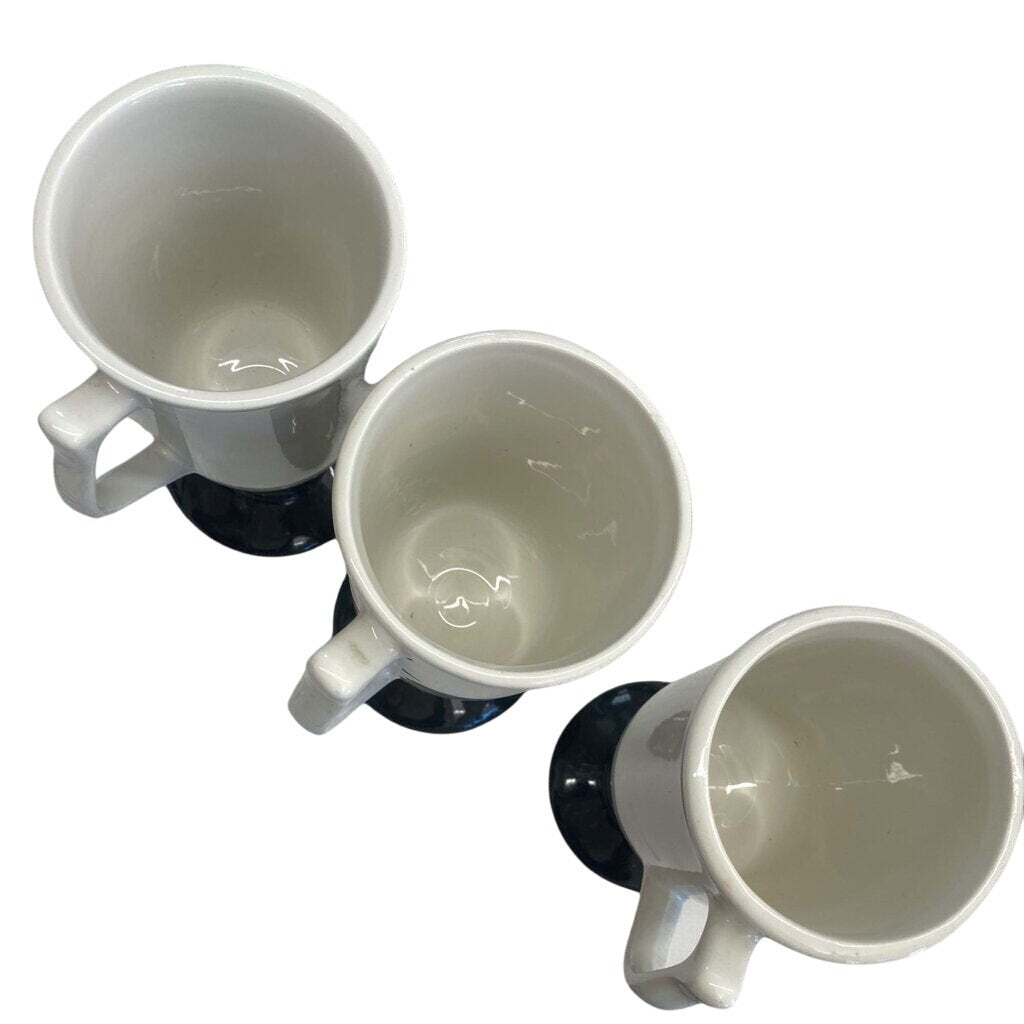 Vintage Hall USA 1273 Footed White Stoneware Coffee Mugs Black Bases Lot 3