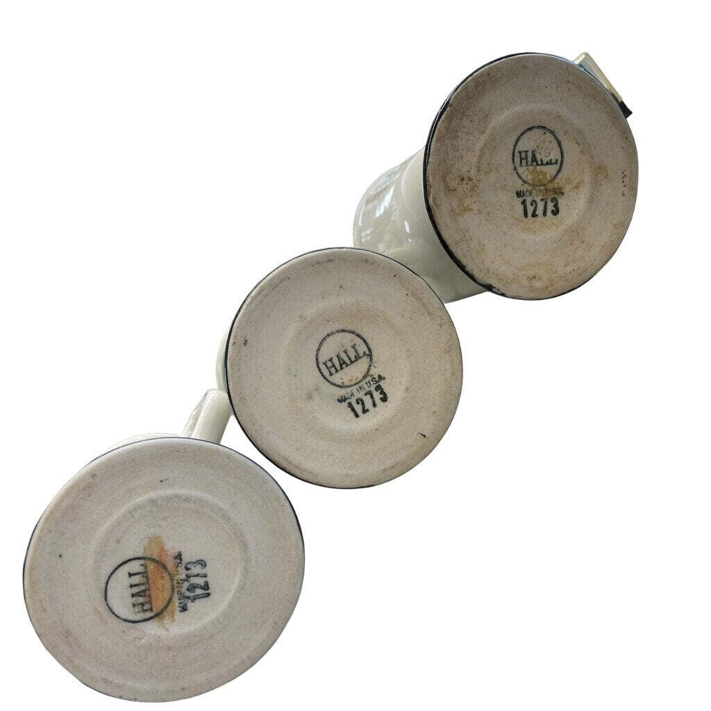 Vintage Hall USA 1273 Footed White Stoneware Coffee Mugs Black Bases Lot 3