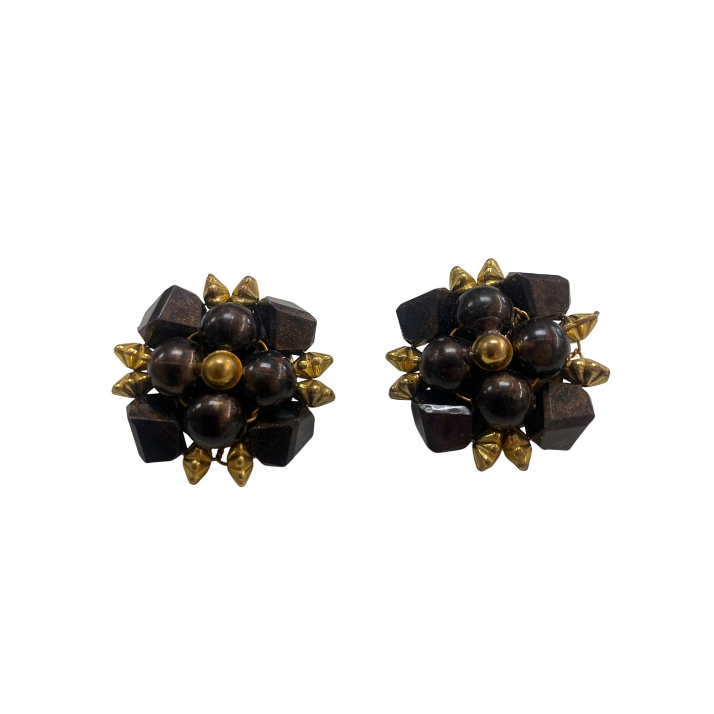 Vintage Gold-Tone & Brown Beaded Clip-On Earrings With Geometric Design