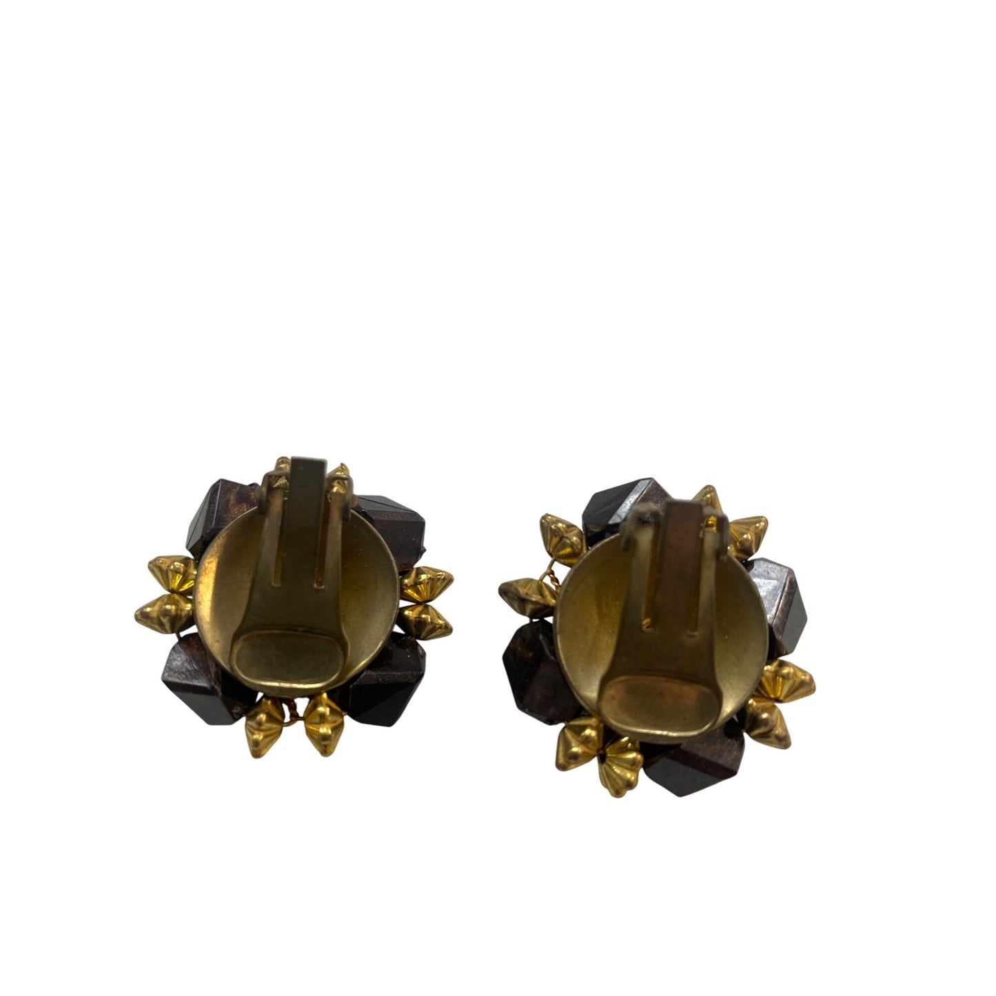 Vintage Gold-Tone & Brown Beaded Clip-On Earrings With Geometric Design