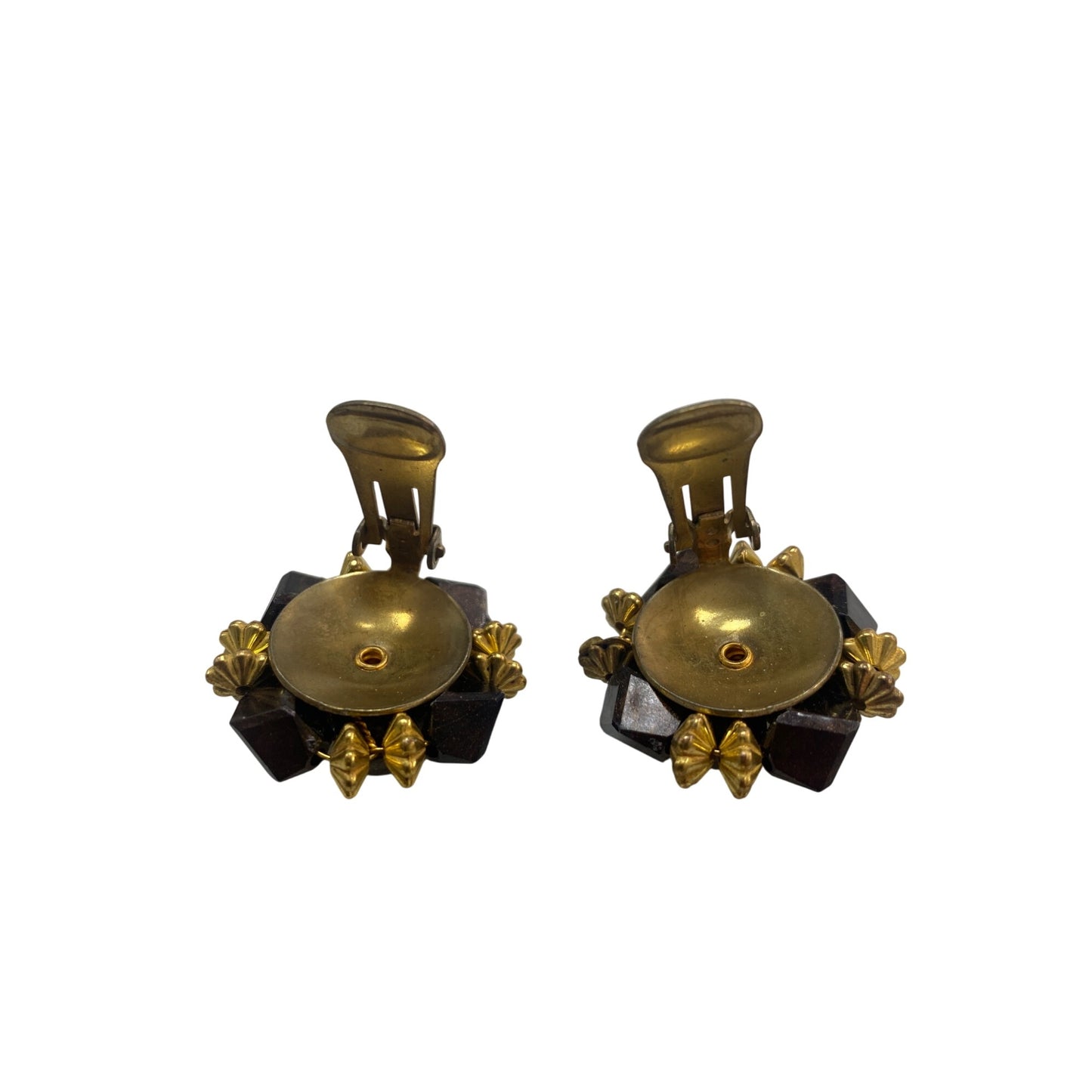 Vintage Gold-Tone & Brown Beaded Clip-On Earrings With Geometric Design