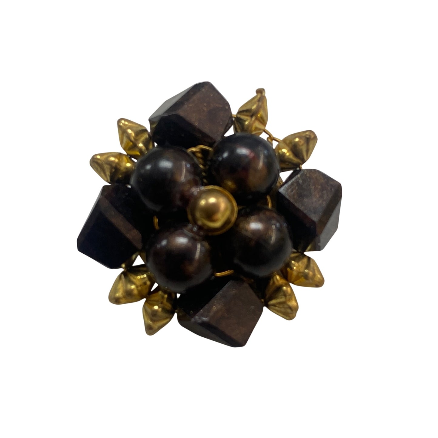 Vintage Gold-Tone & Brown Beaded Clip-On Earrings With Geometric Design