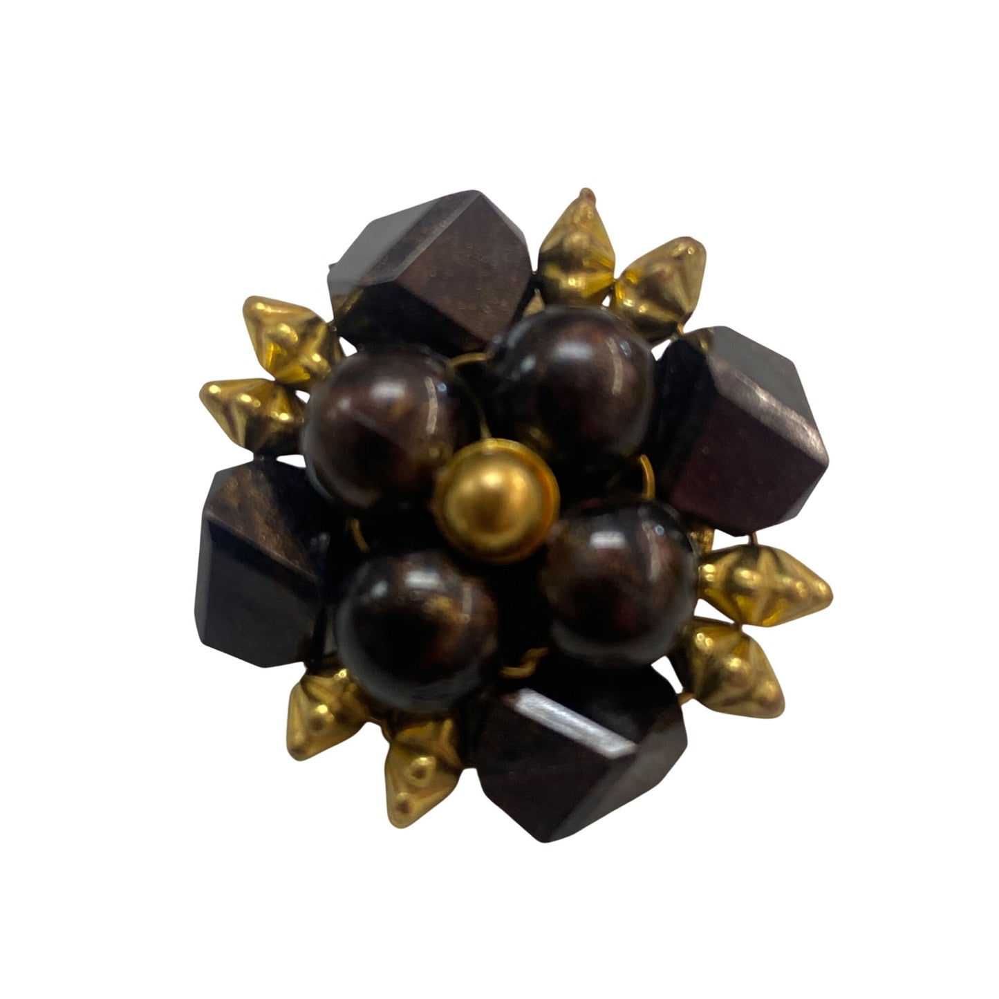 Vintage Gold-Tone & Brown Beaded Clip-On Earrings With Geometric Design