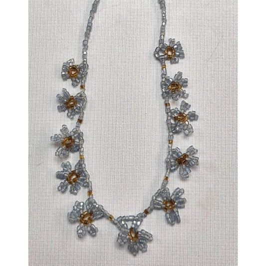 Vintage Beaded Floral Necklace Gray & Amber Seed Beads