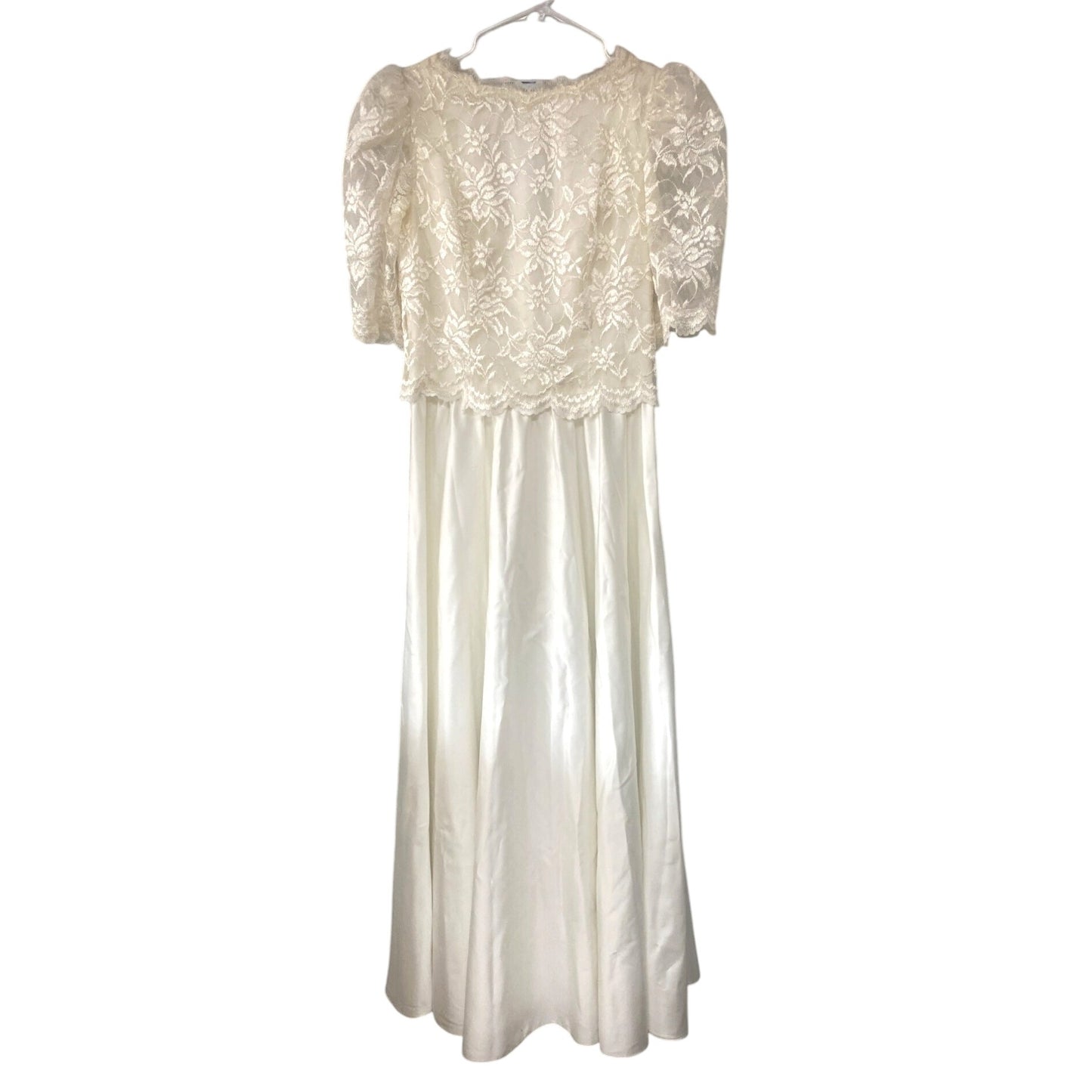 Vintage Wedding Dress Dessy Creations New York Off White Lace Dress Puff Sleeves Back Bow Size 12