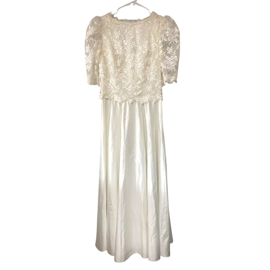 Vintage Wedding Dress Dessy Creations New York Off White Lace Dress Puff Sleeves Back Bow Size 12