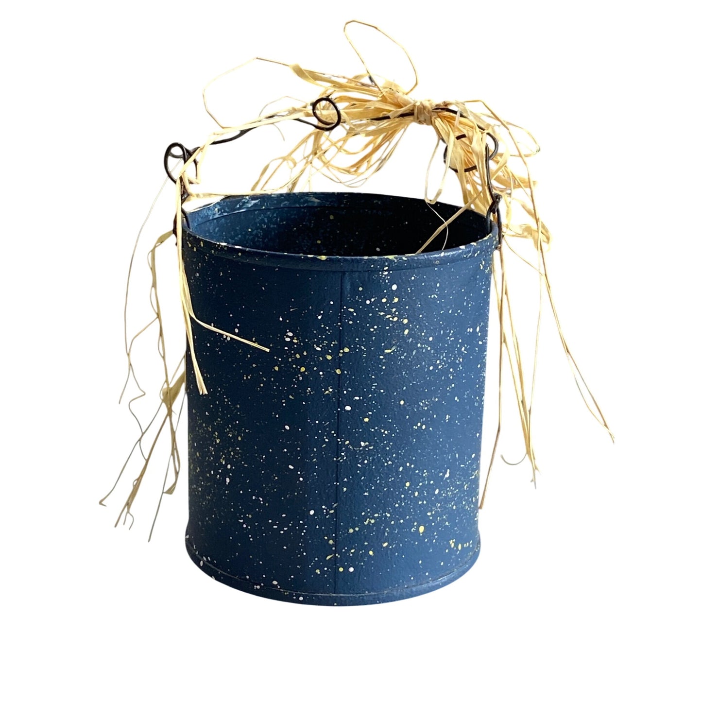 Angel Holiday Tin Bucket Navy Raffia & Wire Handle