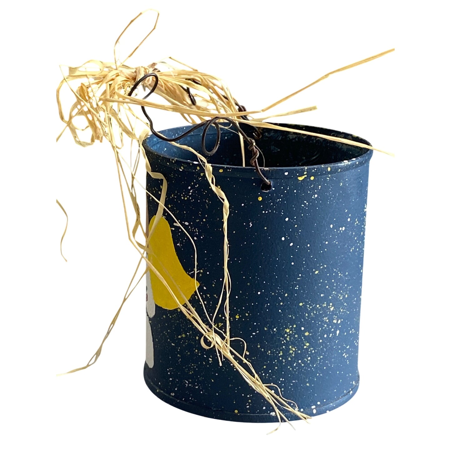 Angel Holiday Tin Bucket Navy Raffia & Wire Handle