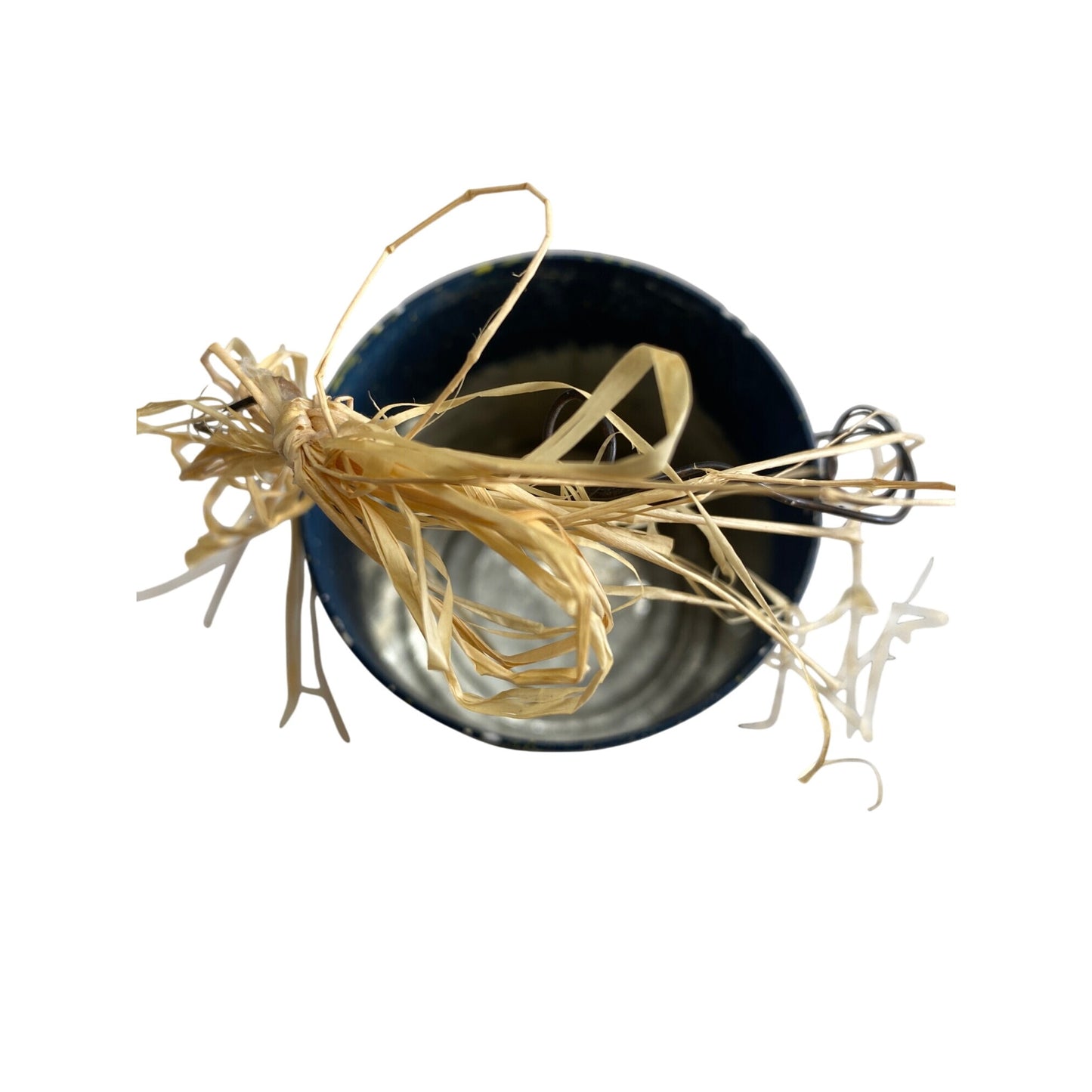 Angel Holiday Tin Bucket Navy Raffia & Wire Handle
