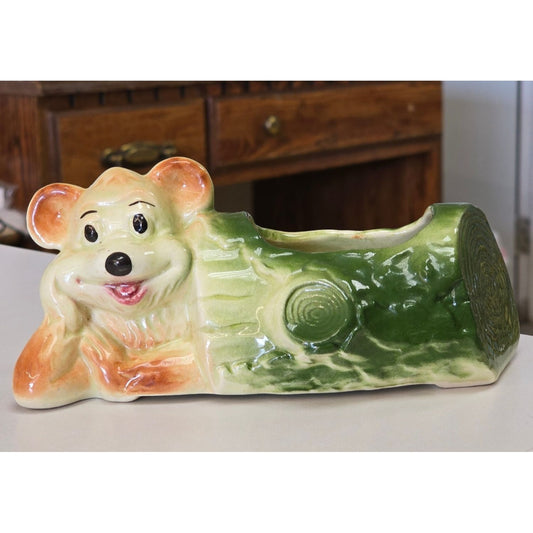 Vintage American Bisque Pottery Bear in Log