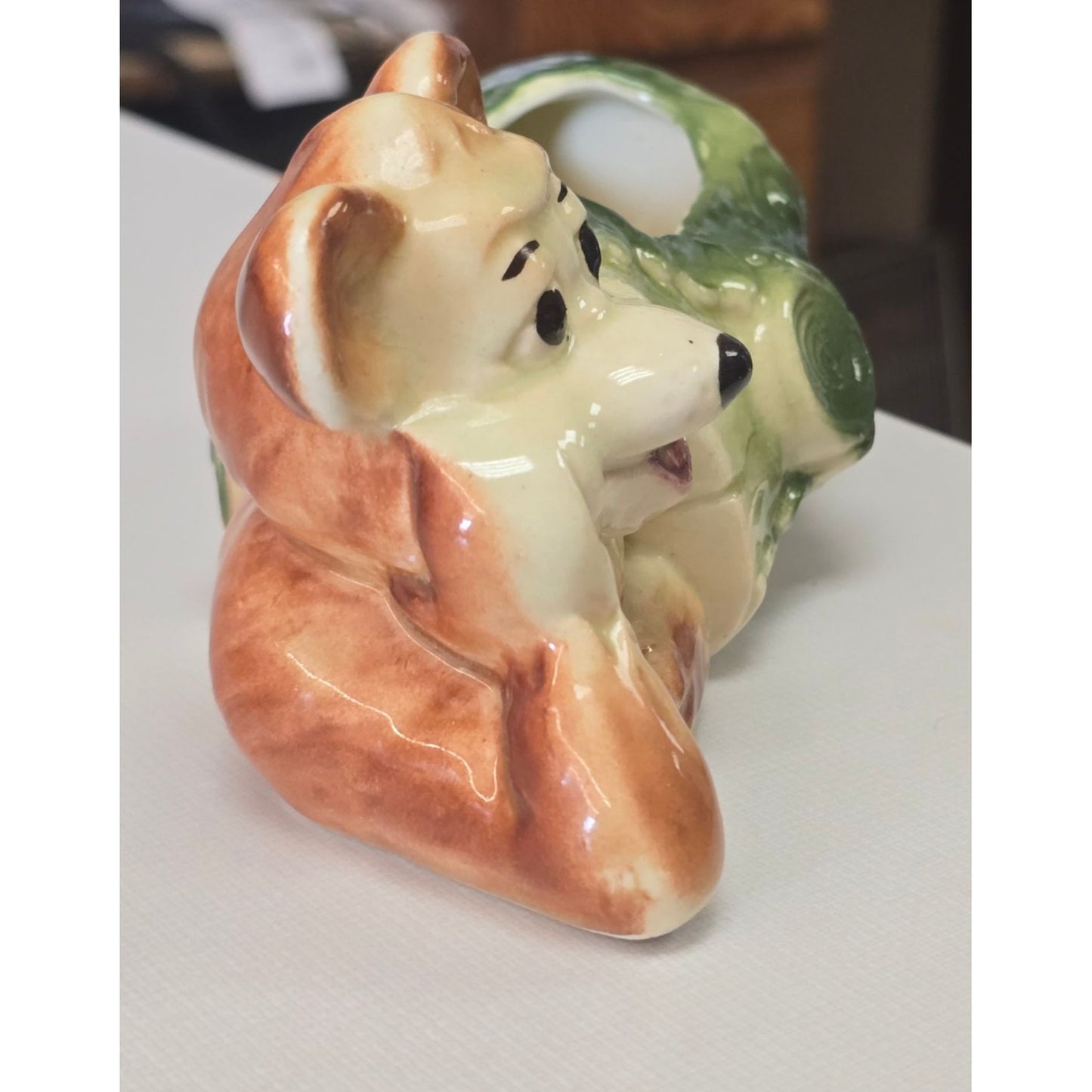 Vintage American Bisque Pottery Bear in Log