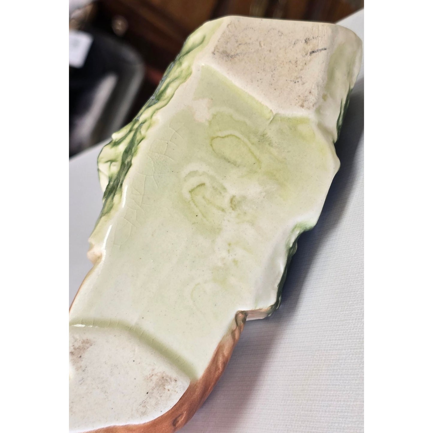 Vintage American Bisque Pottery Bear in Log