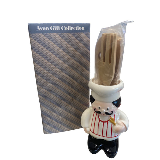 Avon Ceramic Chef Utensil Holder With Wooden Spoons Gift Collection