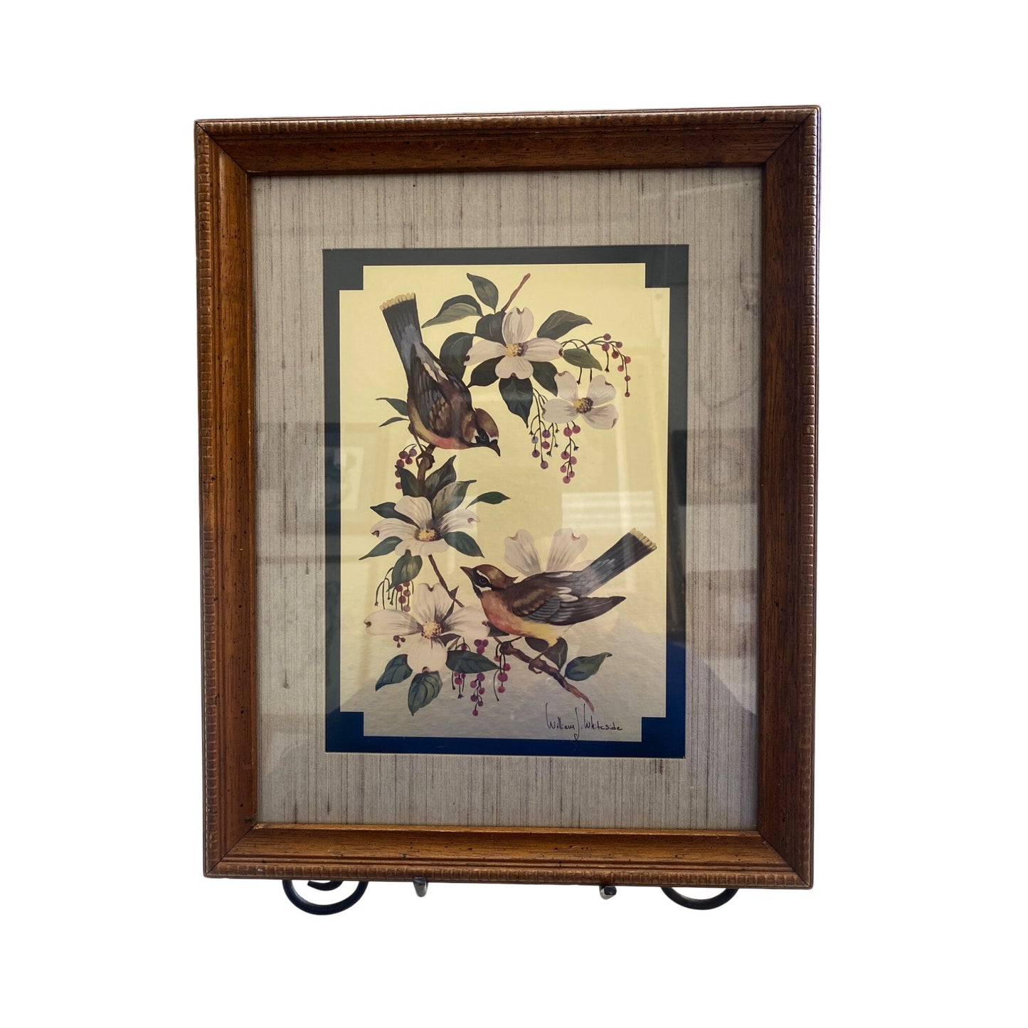 Vintage William J. Whiteside Birds on Dogwood Framed Art 1960's Print Gold Foil Wood Frame