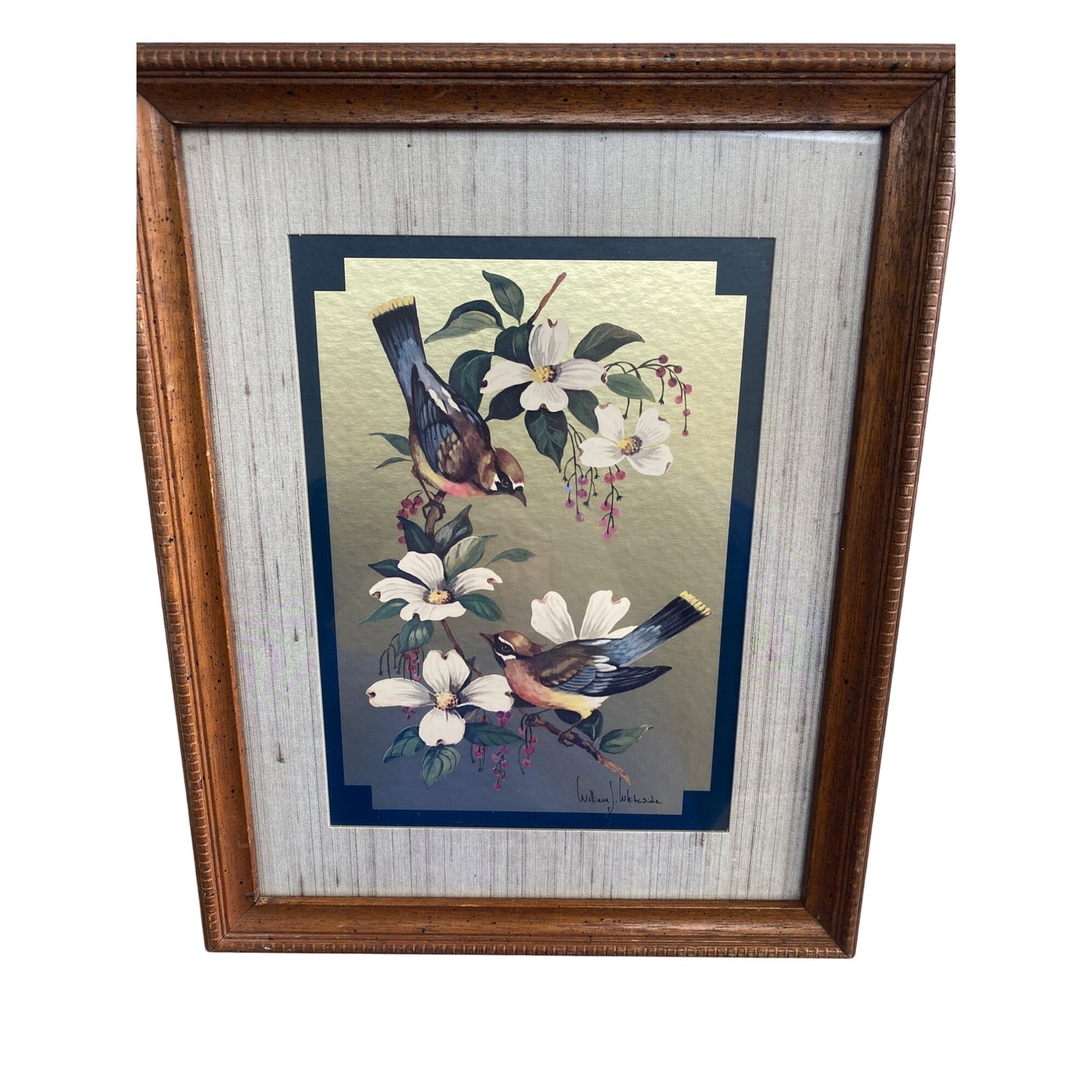 Vintage William J. Whiteside Birds on Dogwood Framed Art 1960's Print Gold Foil Wood Frame