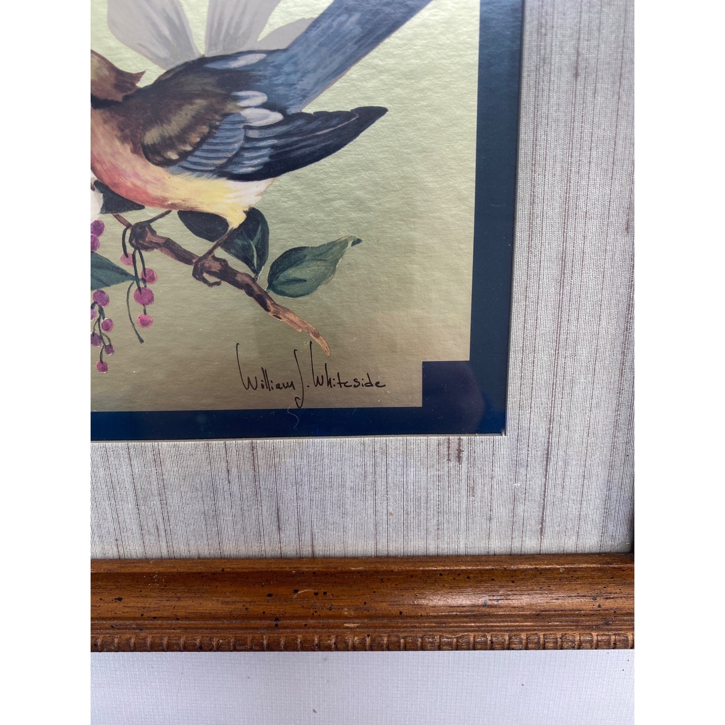 Vintage William J. Whiteside Birds on Dogwood Framed Art 1960's Print Gold Foil Wood Frame