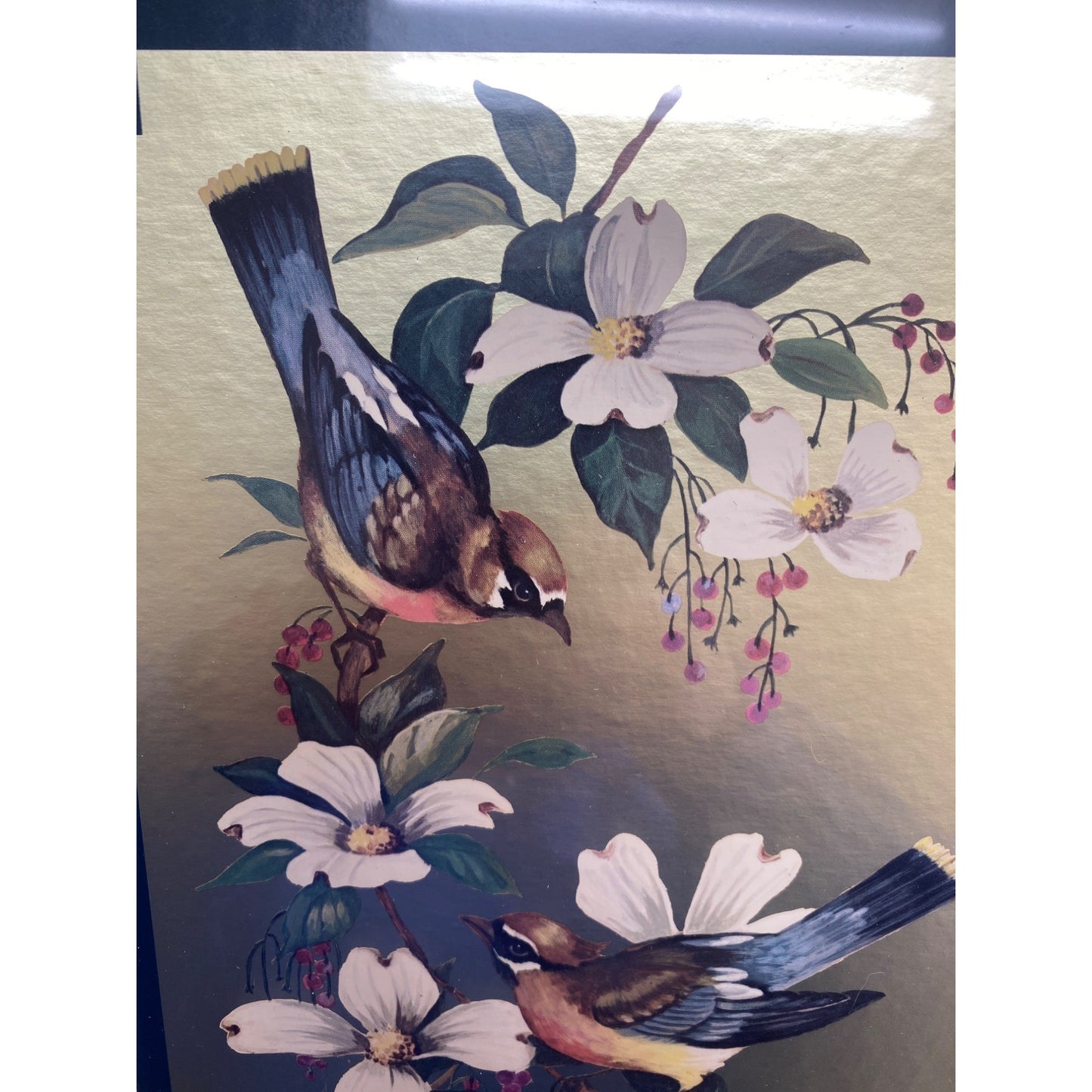 Vintage William J. Whiteside Birds on Dogwood Framed Art 1960's Print Gold Foil Wood Frame