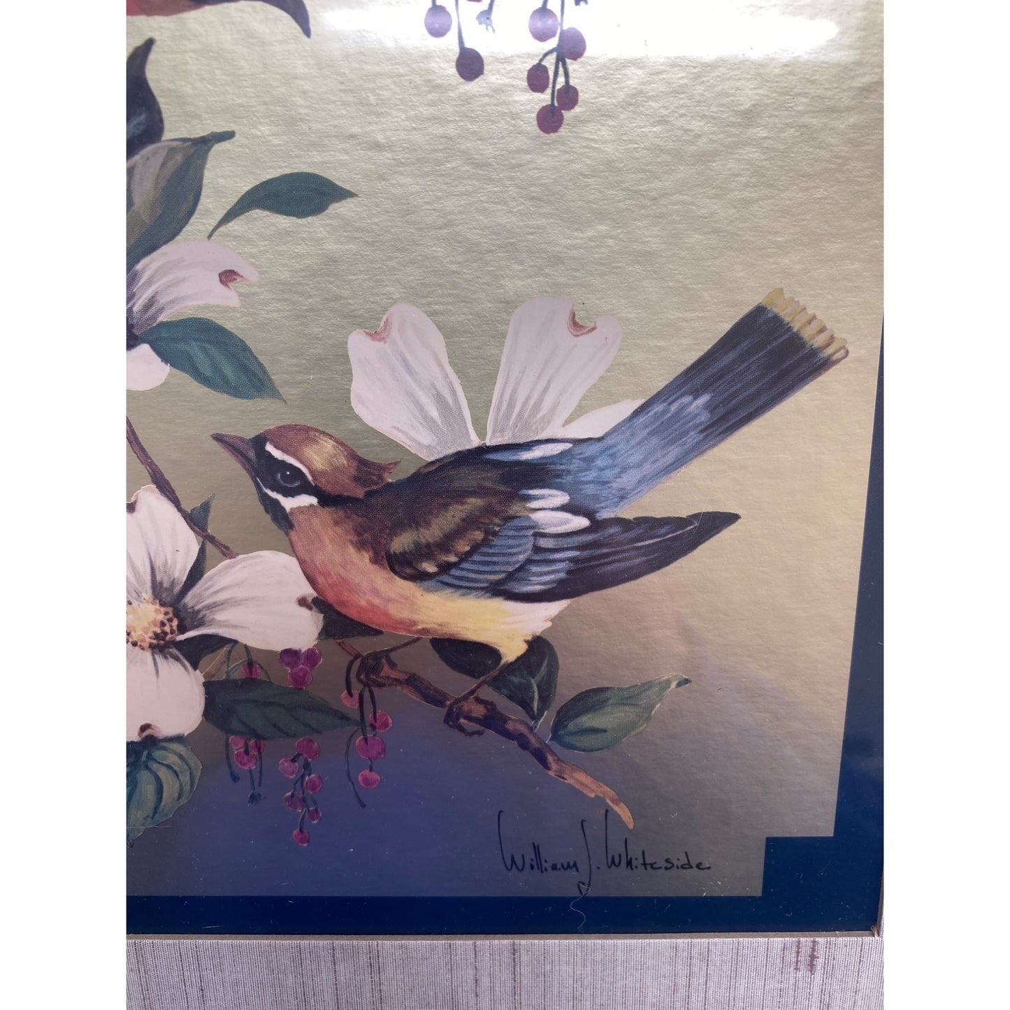 Vintage William J. Whiteside Birds on Dogwood Framed Art 1960's Print Gold Foil Wood Frame