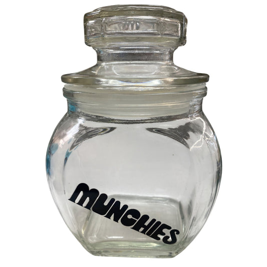 Vintage Glass Candy Jar With Lid "Munchies" Print