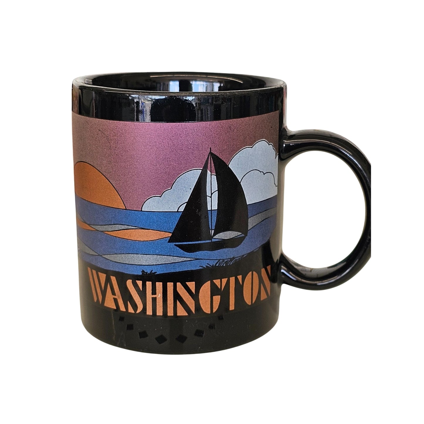Vintage Black Ceramic Washington Mug With Sailboat & Sunset Design