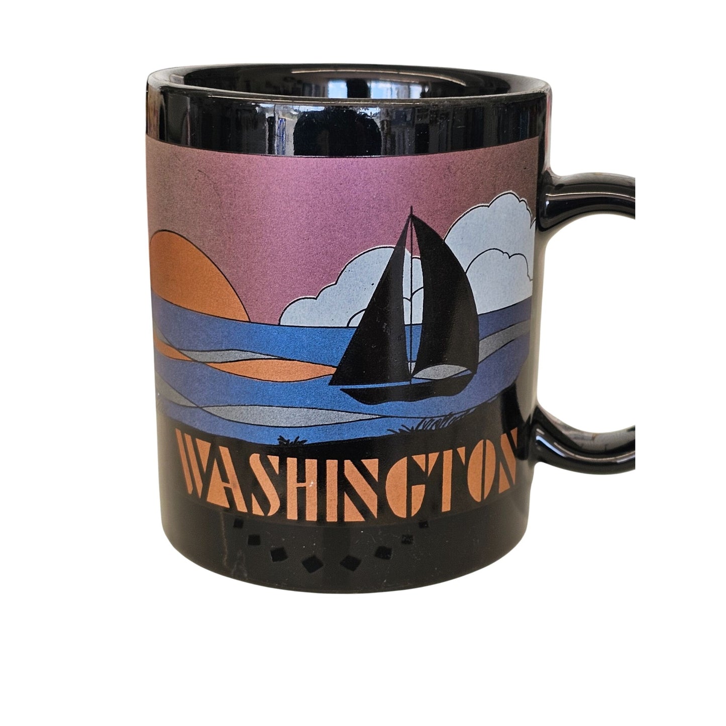 Vintage Black Ceramic Washington Mug With Sailboat & Sunset Design