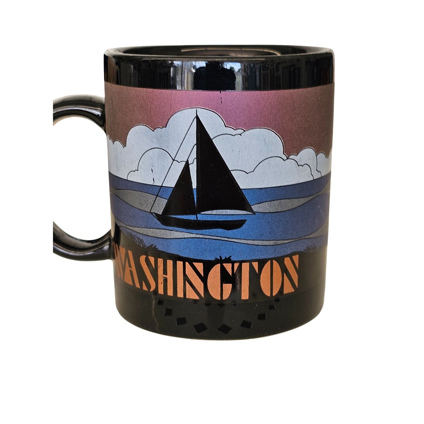 Vintage Black Ceramic Washington Mug With Sailboat & Sunset Design