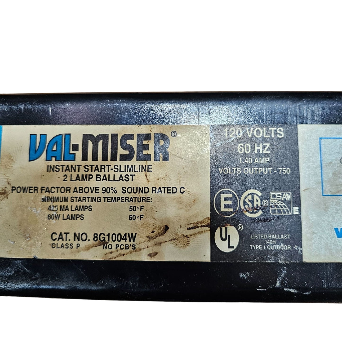Val-Miser Instant Start Slimline 2 Lamp Ballast 120V 60Hz 1.40 Amp