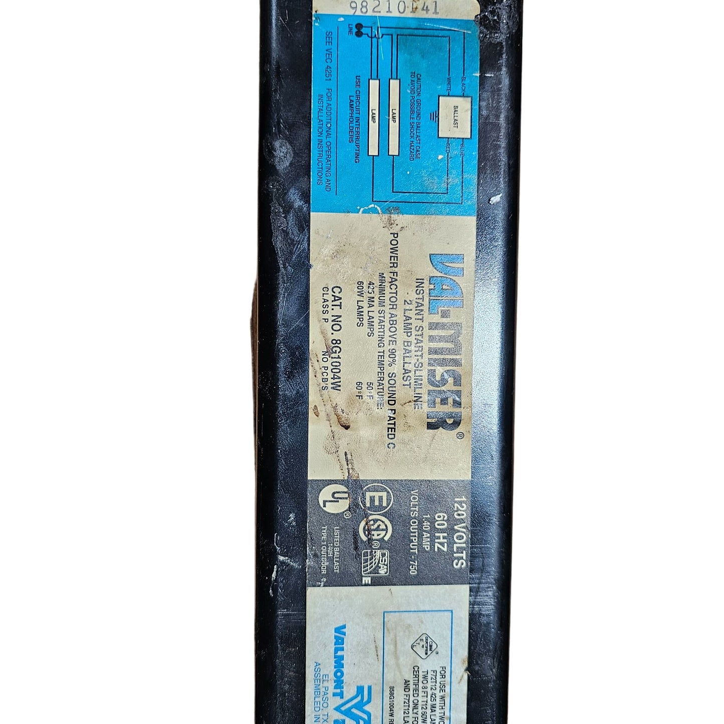 Val-Miser Instant Start Slimline 2 Lamp Ballast 120V 60Hz 1.40 Amp