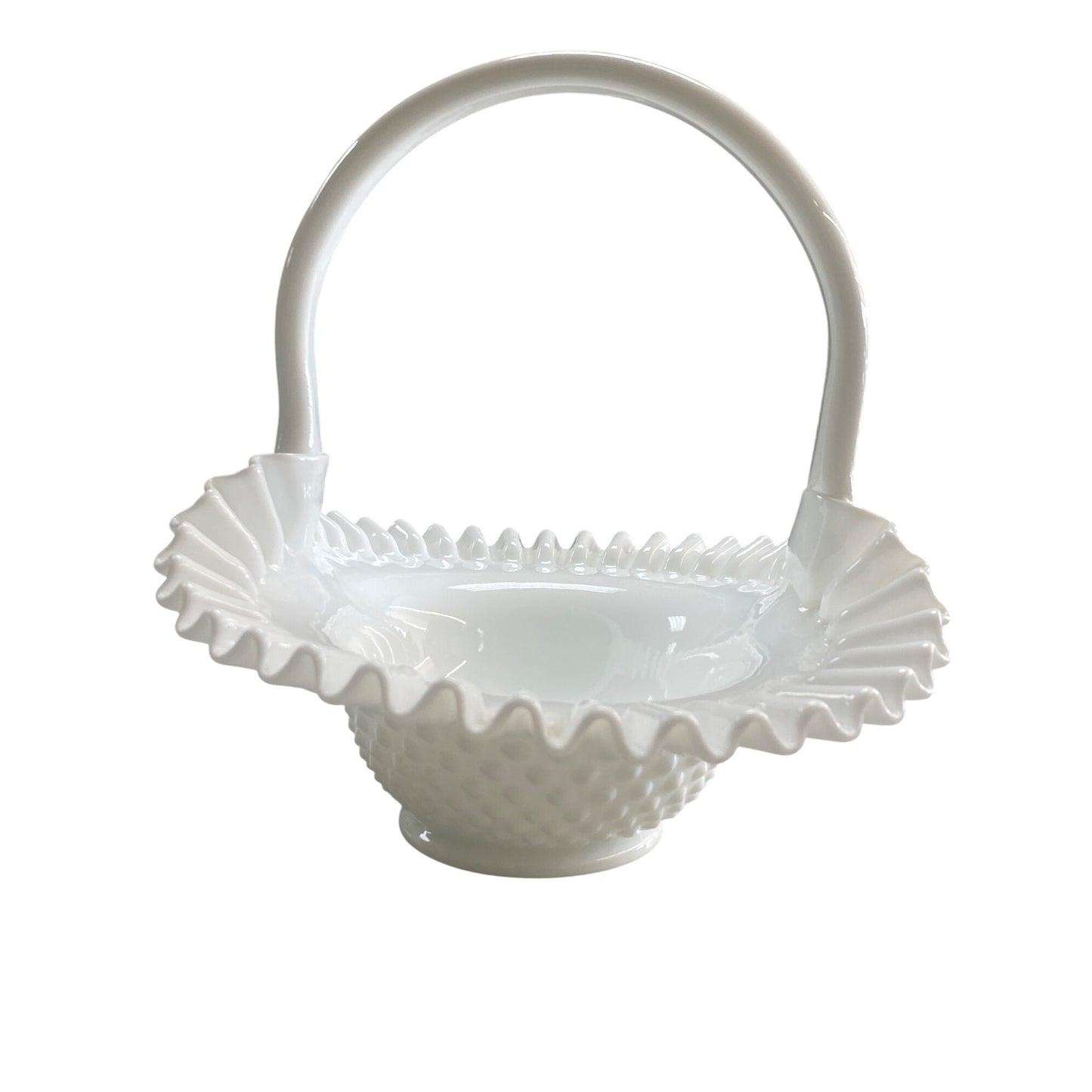 Fenton Hobnail Milk Glass Basket With Ruffled Edge