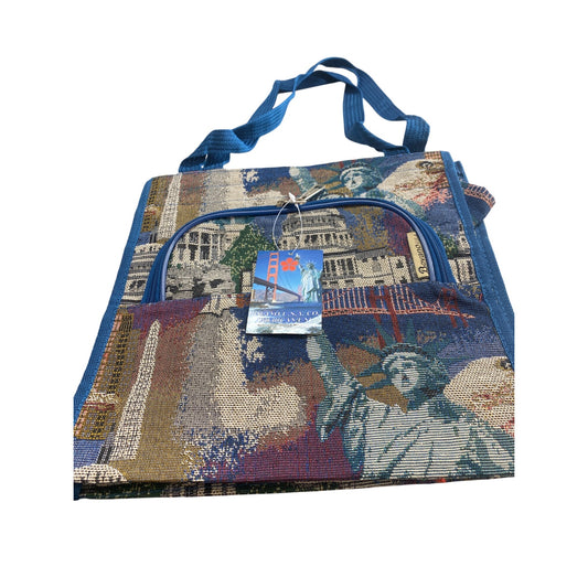 Bovano USA Tapestry Tote Bag With Zipper & Handles Featuring Iconic Landmarks
