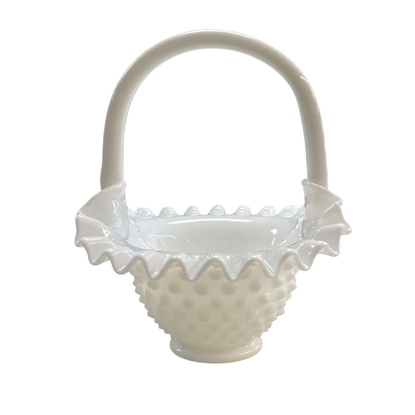 White Fenton Hobnail Milk Glass Basket With Ruffled Edges & Handle