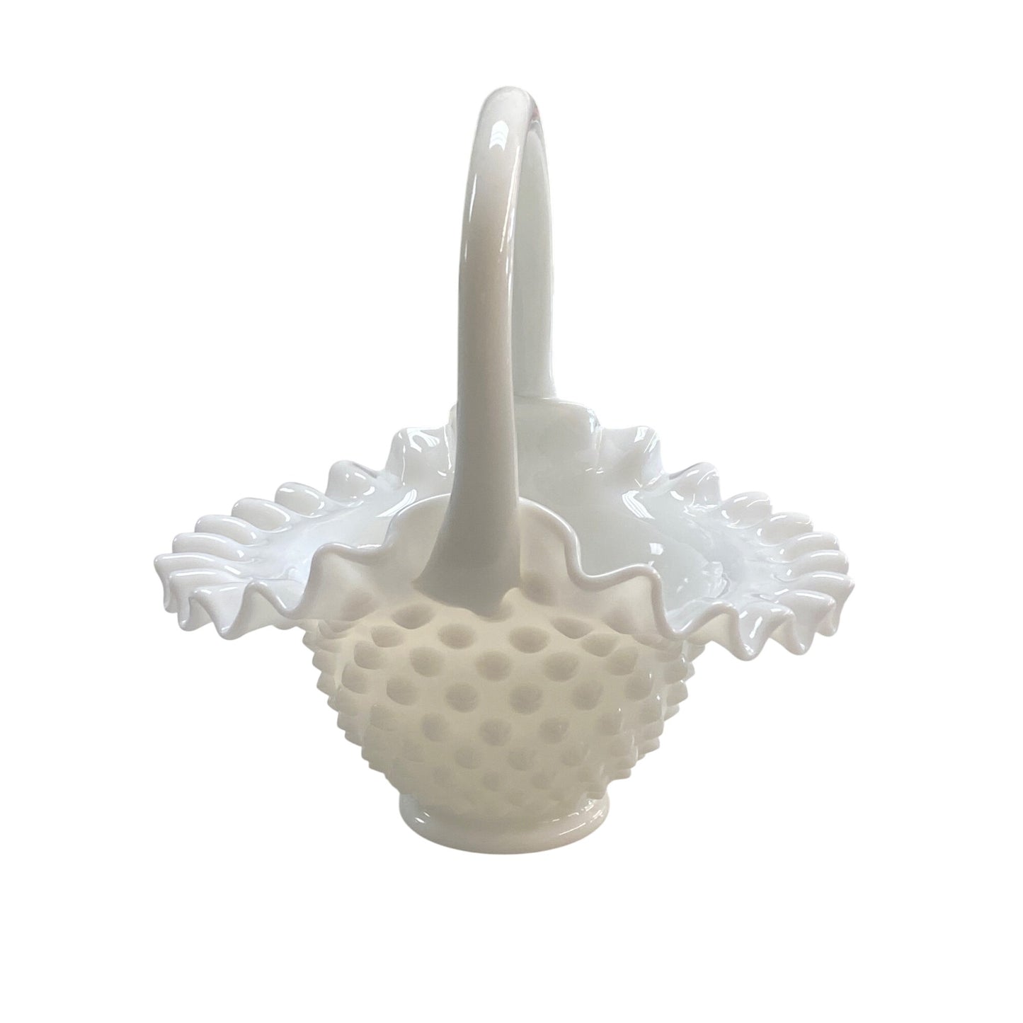 White Fenton Hobnail Milk Glass Basket With Ruffled Edges & Handle