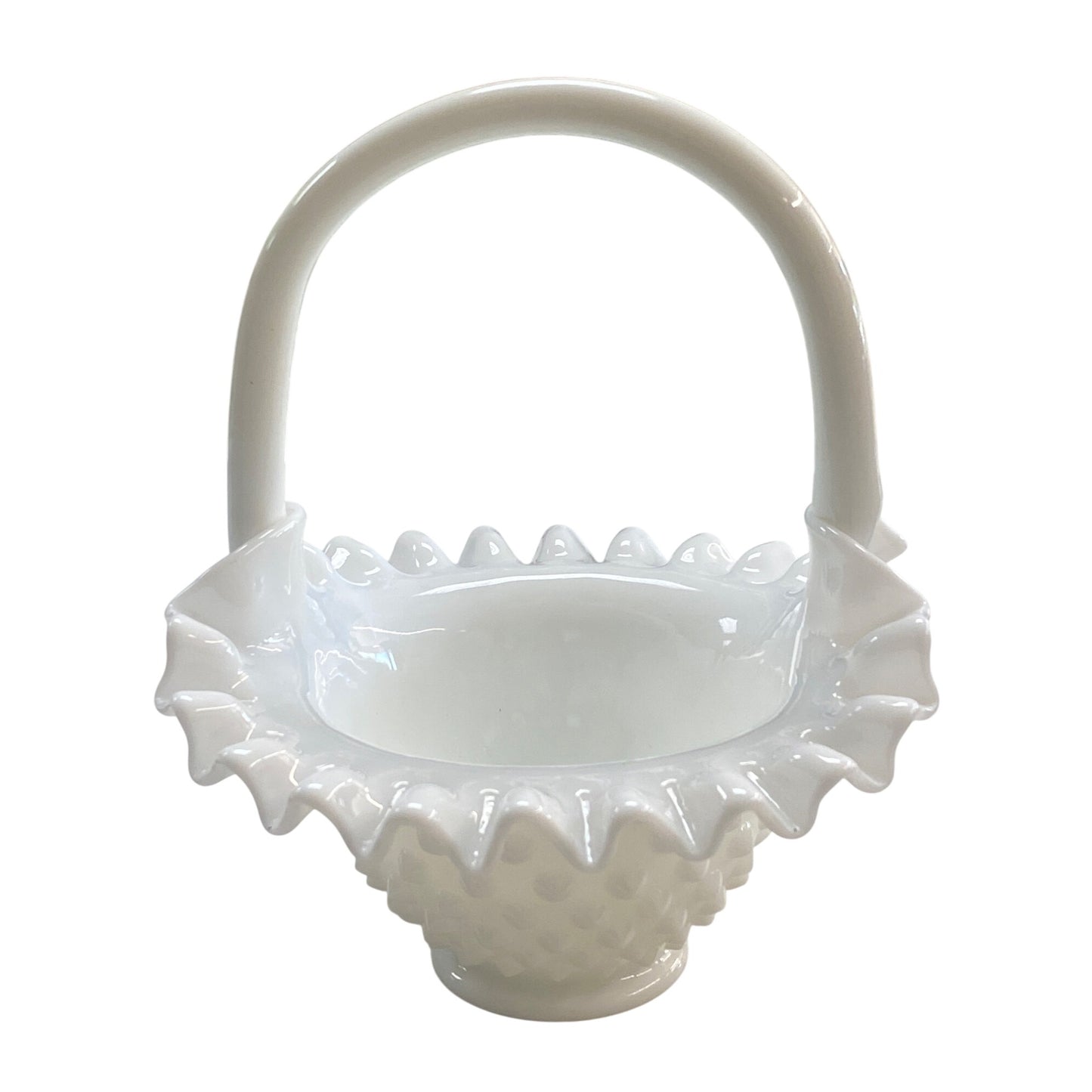White Fenton Hobnail Milk Glass Basket With Ruffled Edges & Handle