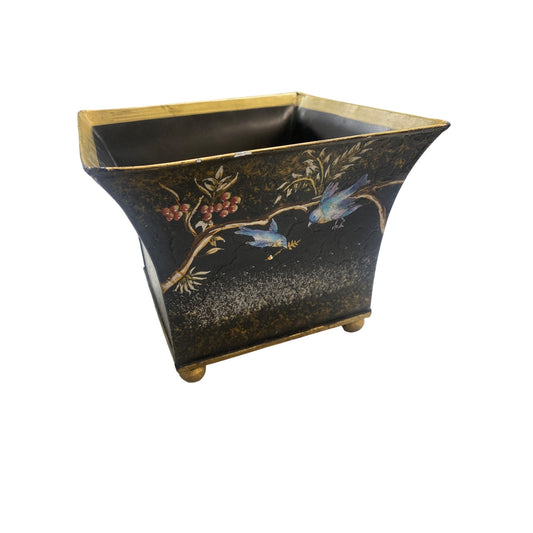 Vintage Hand-Painted Metal Planter With Bird