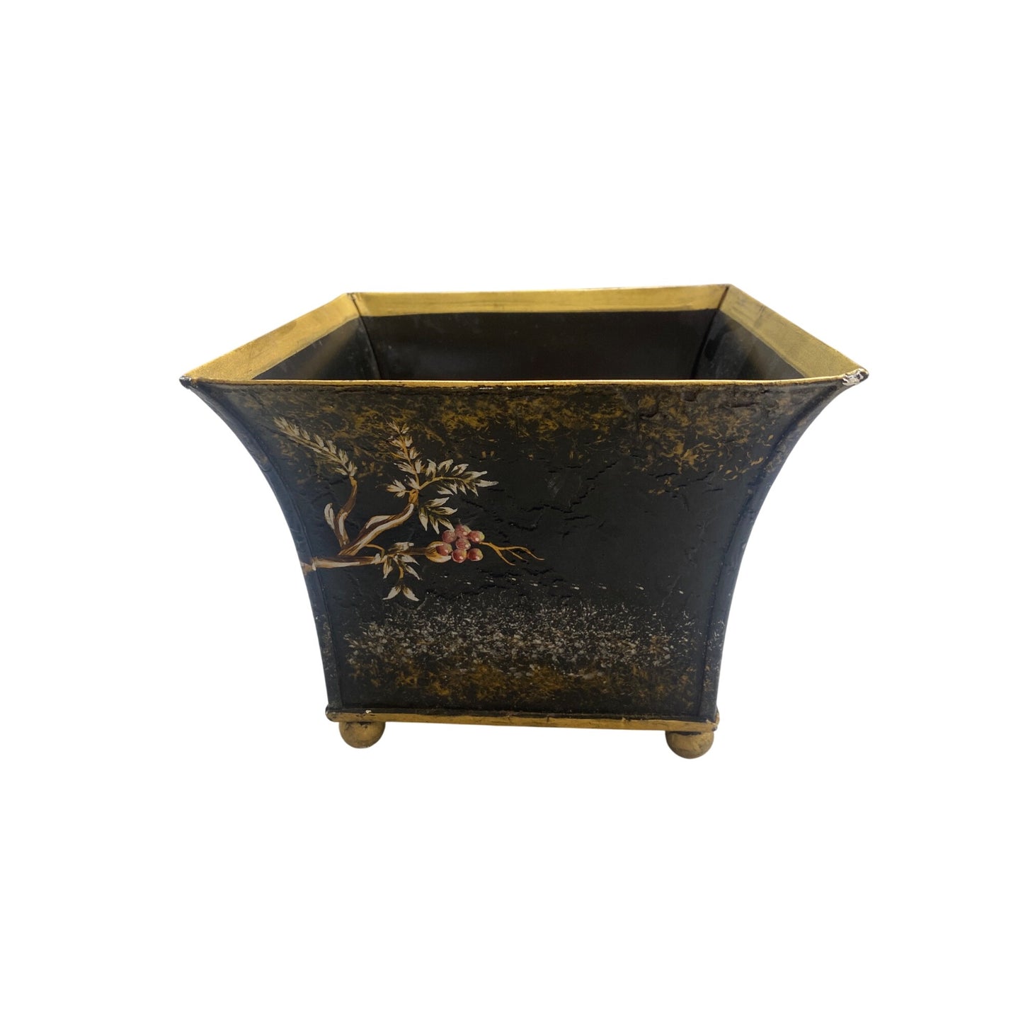 Vintage Hand-Painted Metal Planter With Bird