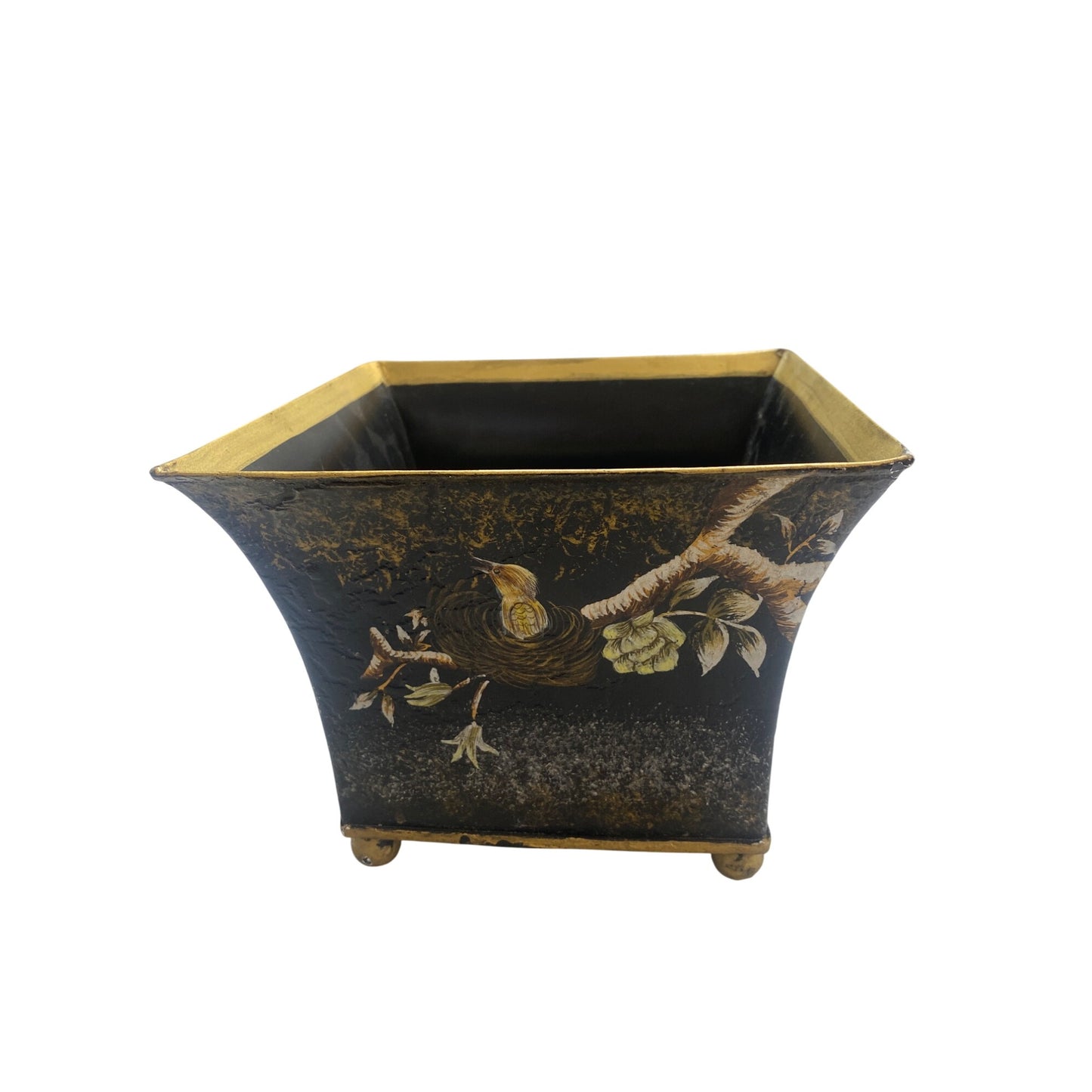 Vintage Hand-Painted Metal Planter With Bird