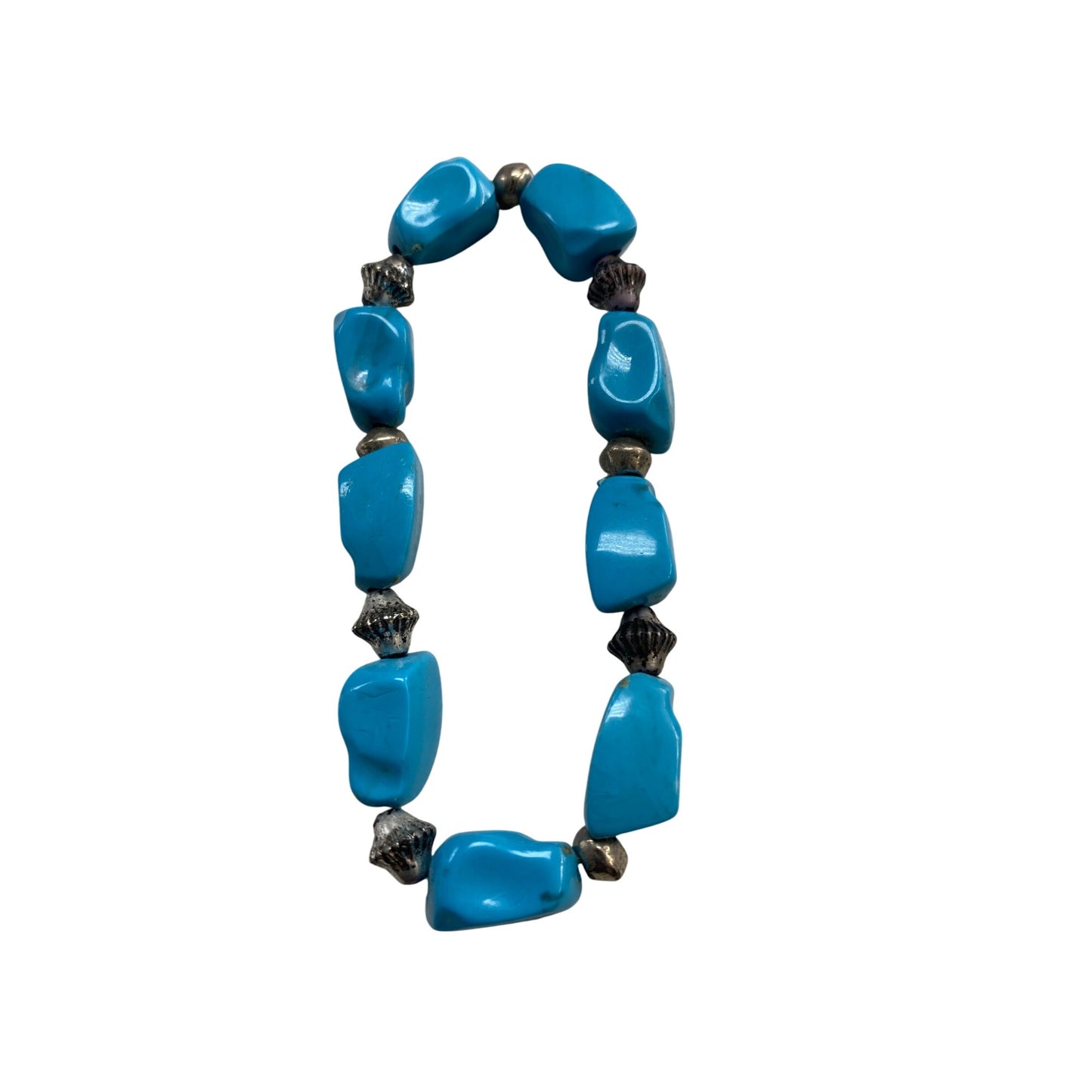 Handcrafted Faux Turquoise Nugget Style Beaded Bracelet With Silver Tone Accents