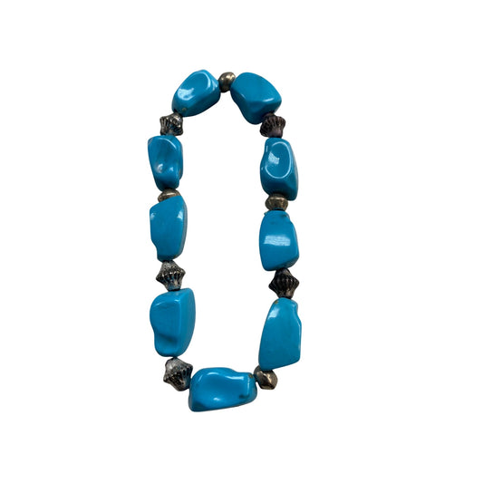 Handcrafted Faux Turquoise Nugget Style Beaded Bracelet With Silver Tone Accents