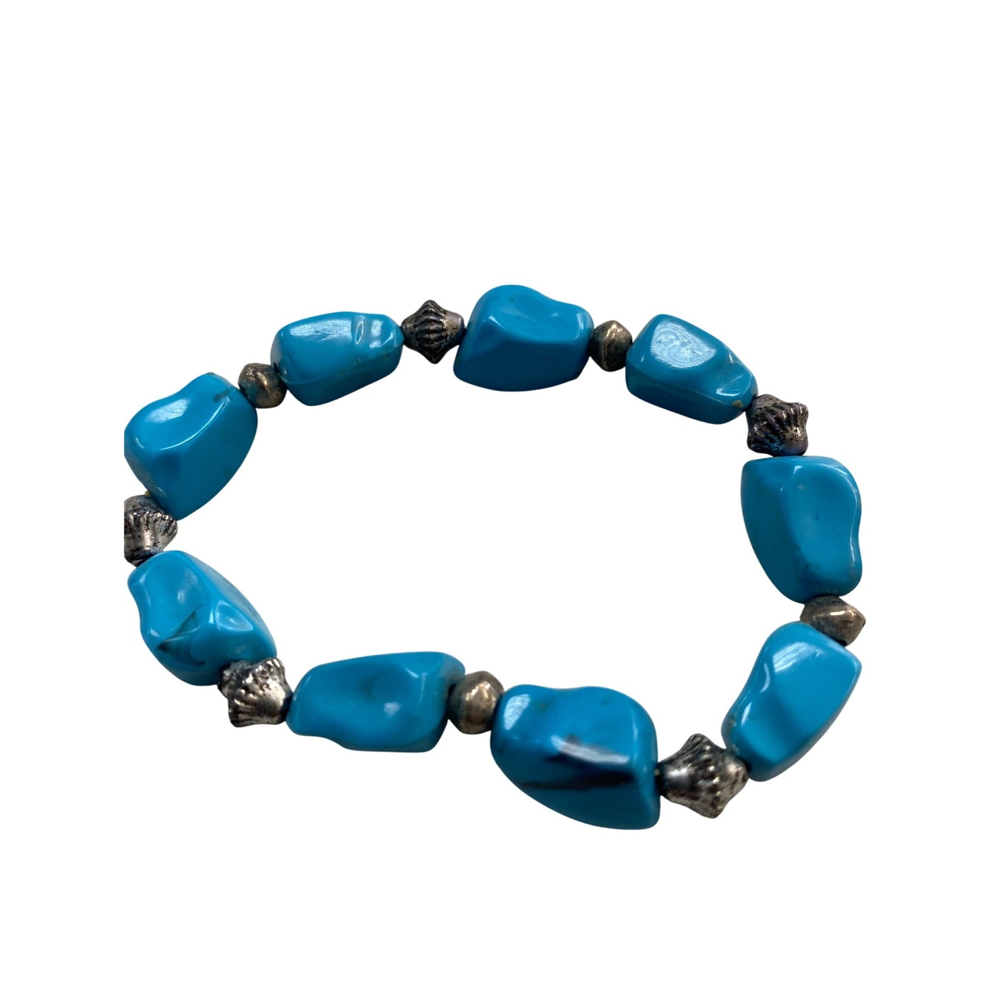 Handcrafted Faux Turquoise Nugget Style Beaded Bracelet With Silver Tone Accents