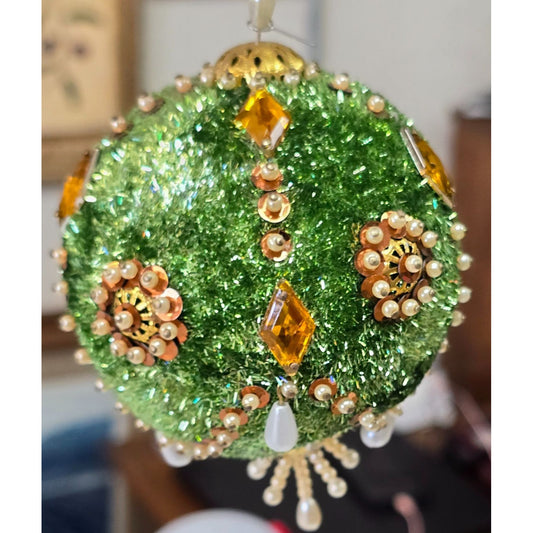 Vintage PUSHPIN ORNAMENT Green Amber Sequin Bead Ornate Christmas Tree Handmade Bling