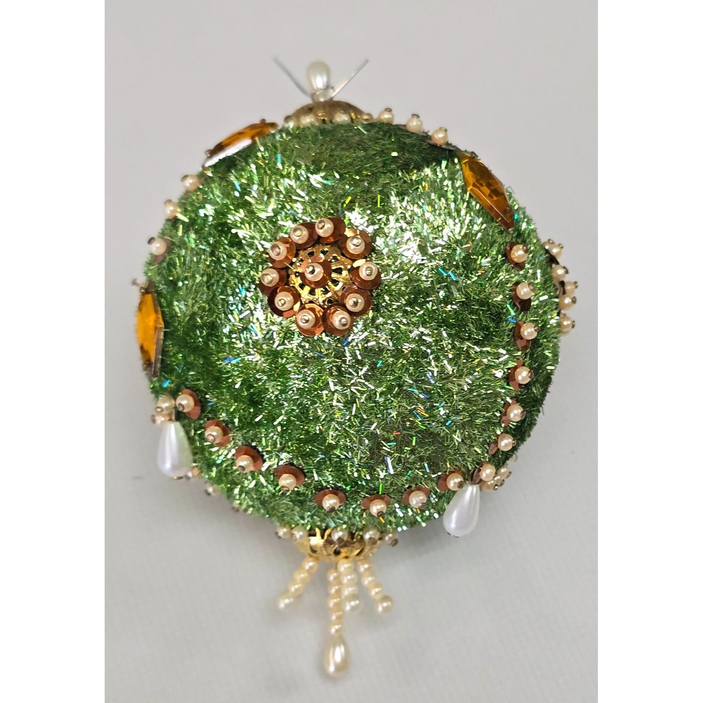 Vintage PUSHPIN ORNAMENT Green Amber Sequin Bead Ornate Christmas Tree Handmade Bling