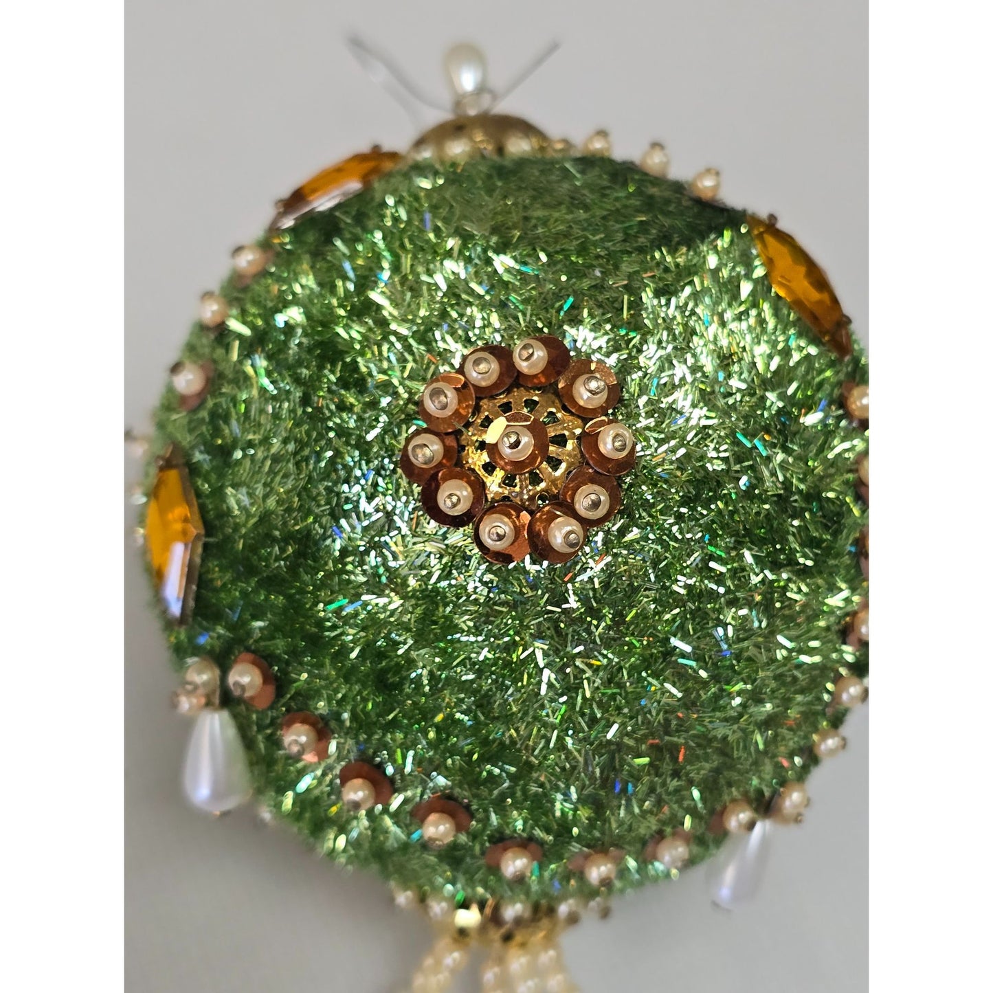 Vintage PUSHPIN ORNAMENT Green Amber Sequin Bead Ornate Christmas Tree Handmade Bling