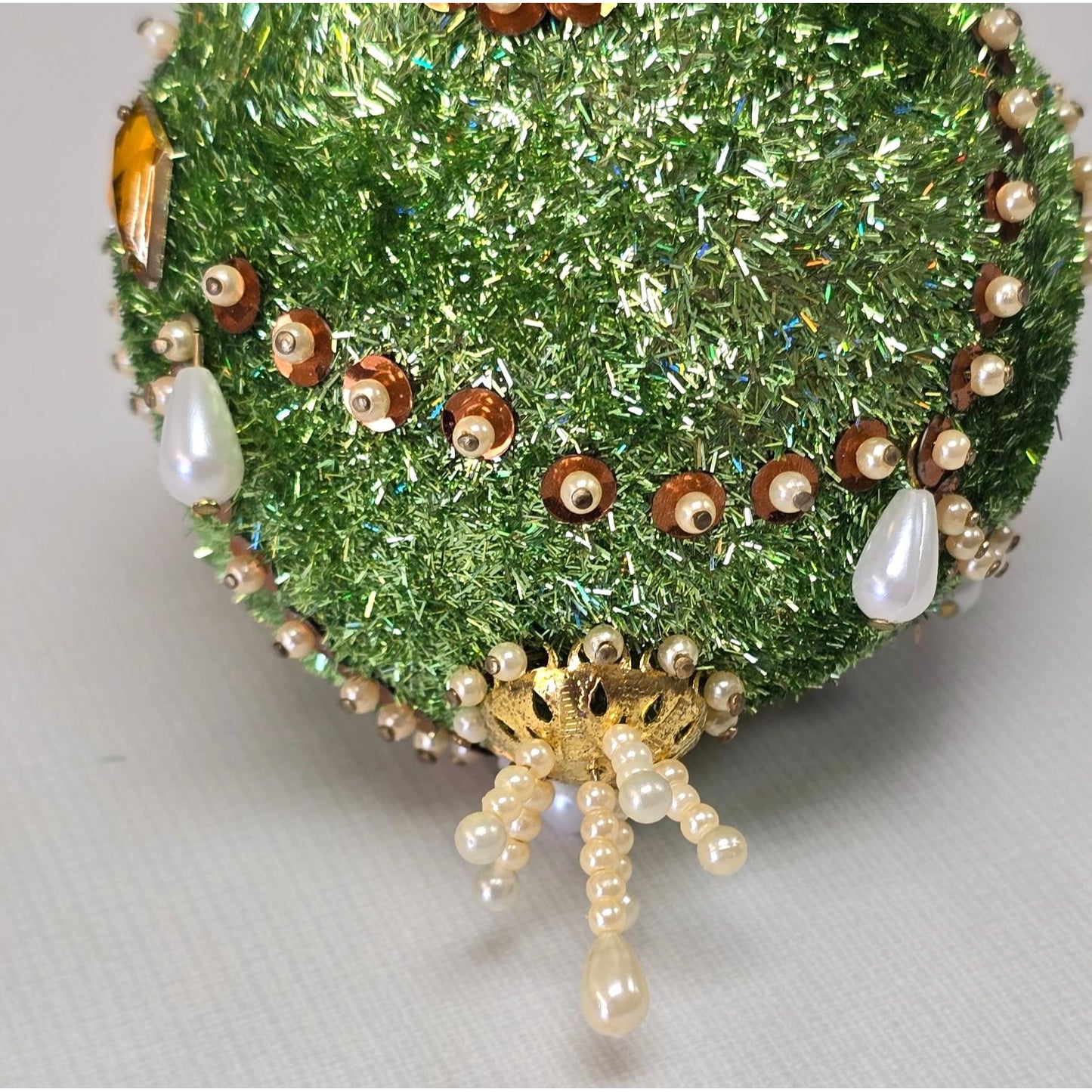 Vintage PUSHPIN ORNAMENT Green Amber Sequin Bead Ornate Christmas Tree Handmade Bling