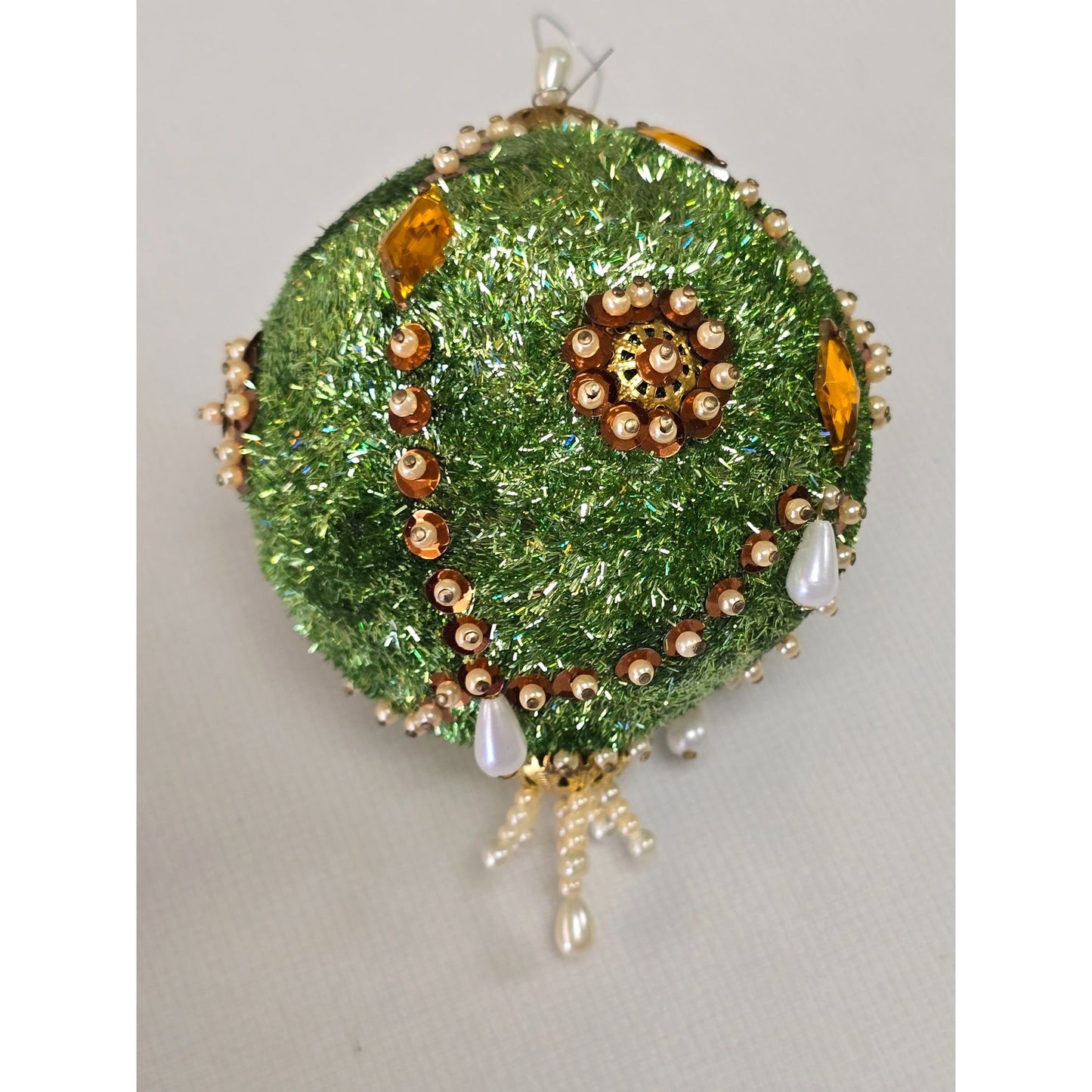 Vintage PUSHPIN ORNAMENT Green Amber Sequin Bead Ornate Christmas Tree Handmade Bling