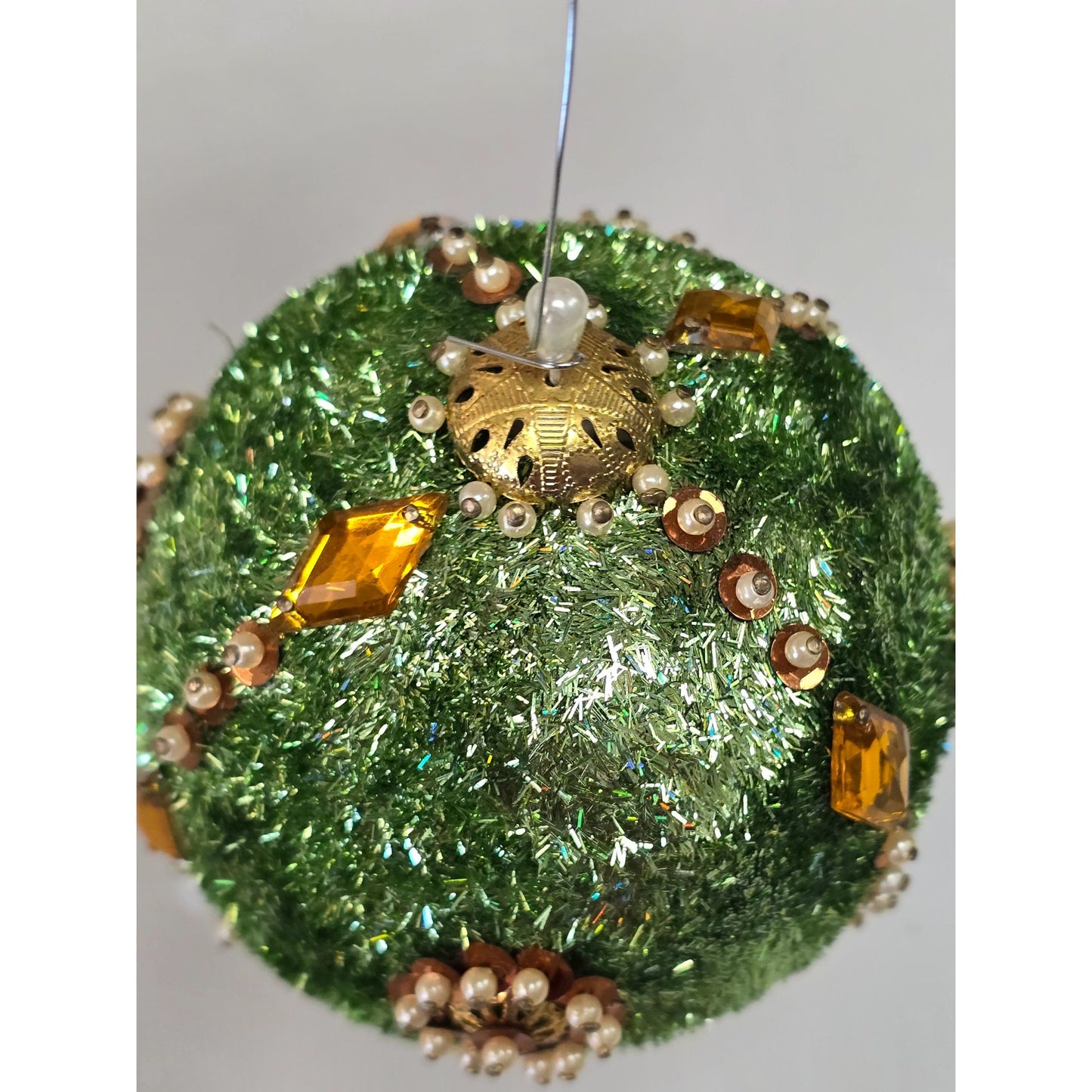 Vintage PUSHPIN ORNAMENT Green Amber Sequin Bead Ornate Christmas Tree Handmade Bling