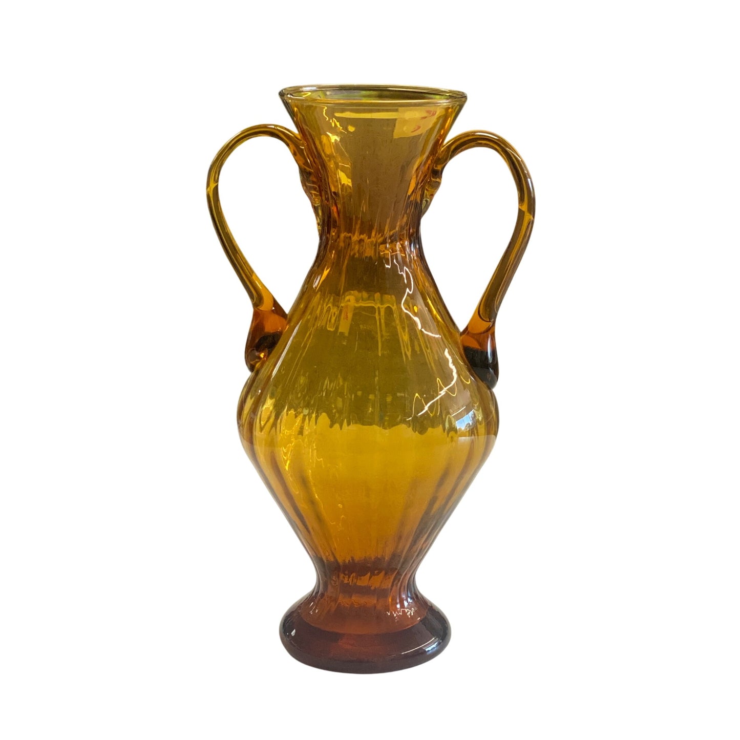 Vintage Amber Glass Vase With Double Handles & Flared Neck